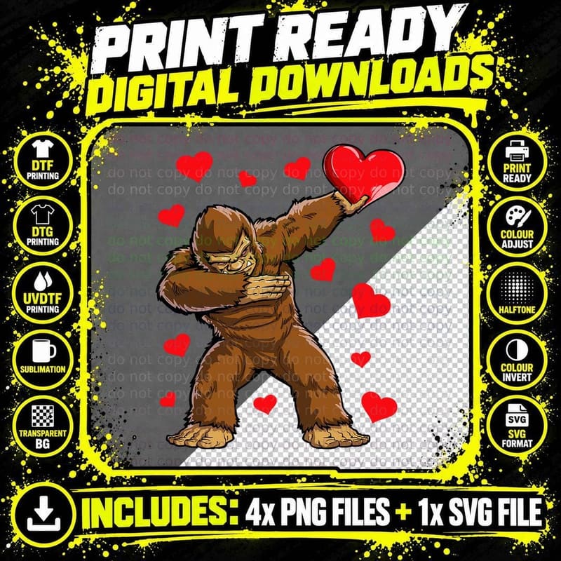 Dabbing Bigfoot Heart Valentines Day Boys Men Love Png SVG Digital Bundle