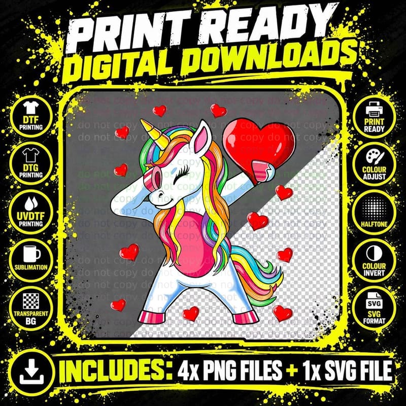 Dabbing Unicorn Heart Valentines Day Girls Kids Rainbow Png SVG Digital Bundle