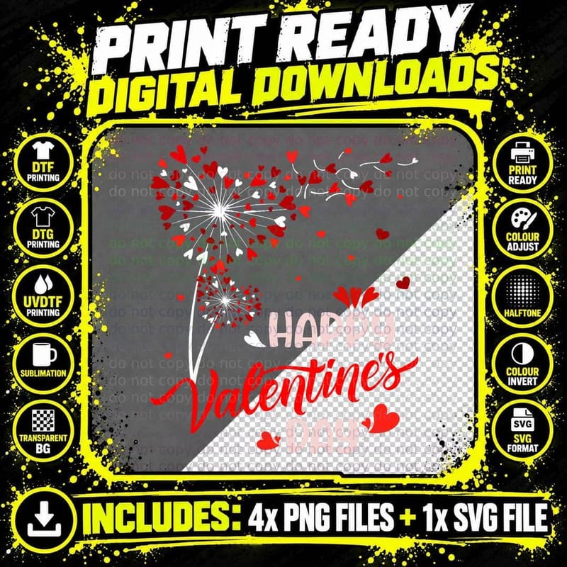 Dandelion Happy Valentines Day Couple Matching Men Women Png SVG Digital Bundle
