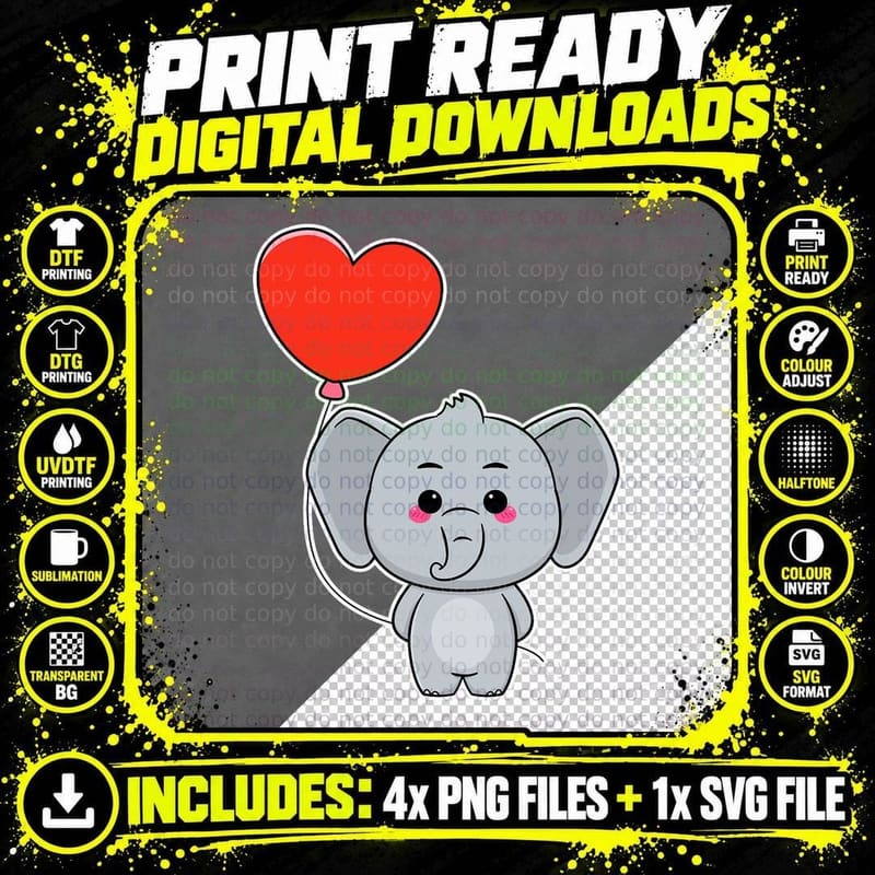 Elephant Heart Balloon Valentines Day Cute Animal T-Shirt Png SVG Digital Bundle