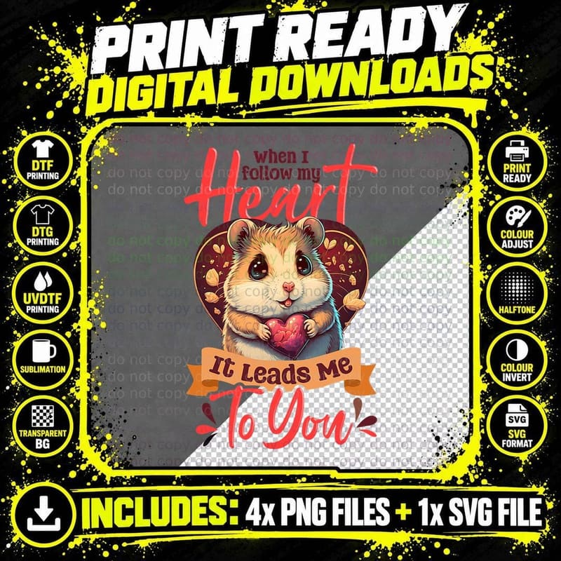 Follow Heart Leads to You Design Hamster Valentines Day Png SVG Digital Bundle