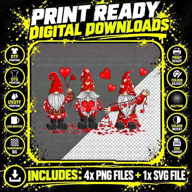 Gnome Valentines Day Three Gromies Love Hearts Mens Png SVG Digital Bundle