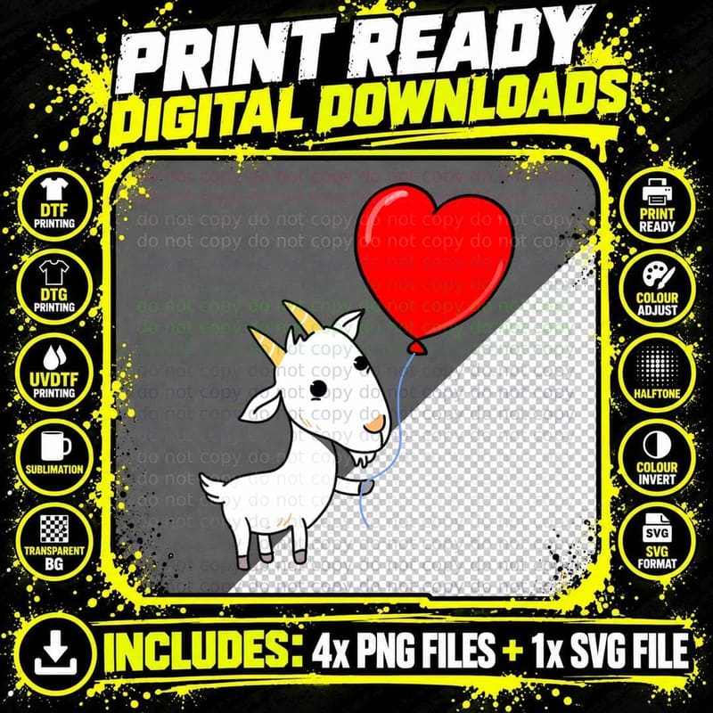 Goat with Heart Balloon Valentines Day Goat T-Shirt Png SVG Digital Bundle