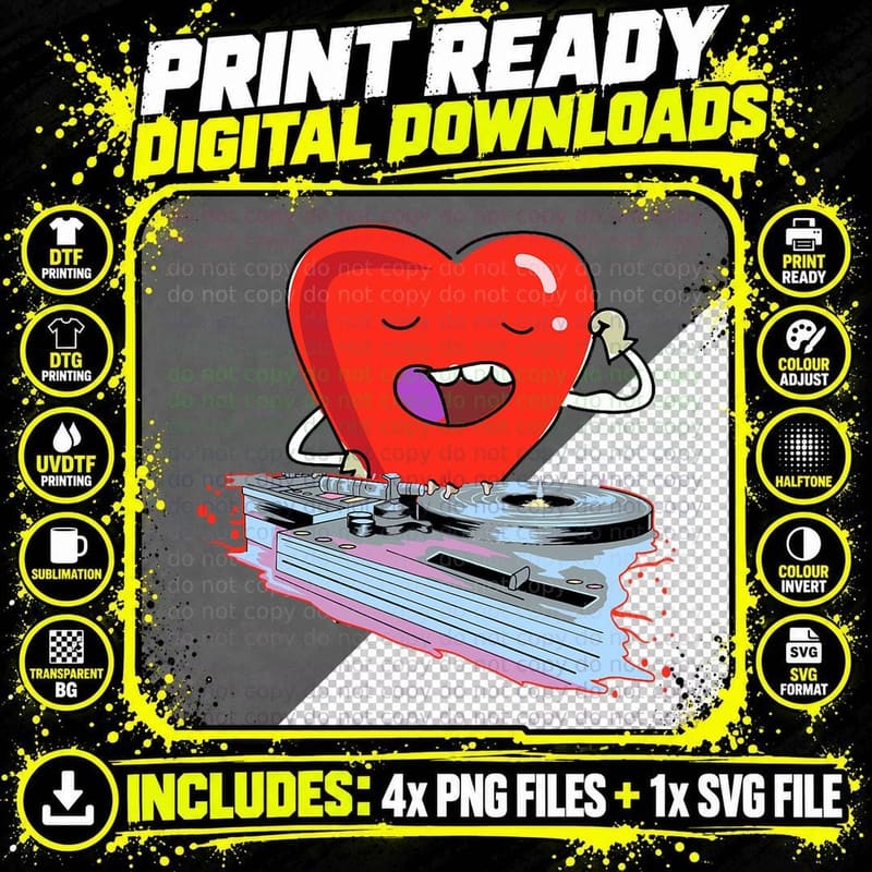 Heart Dj Valentines Day Cool Disc Jockey EDM Music Lover Png SVG Digital Bundle