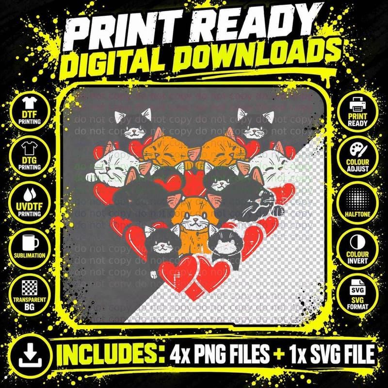 Heart Shaped Cats Cute Valentines Day Kitten Animal Png SVG Digital Bundle
