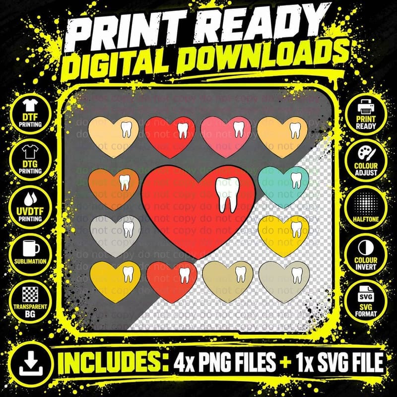 Heart Tooth Valentines Day Cute Dentist Dental Hygienist Png SVG Digital Bundle