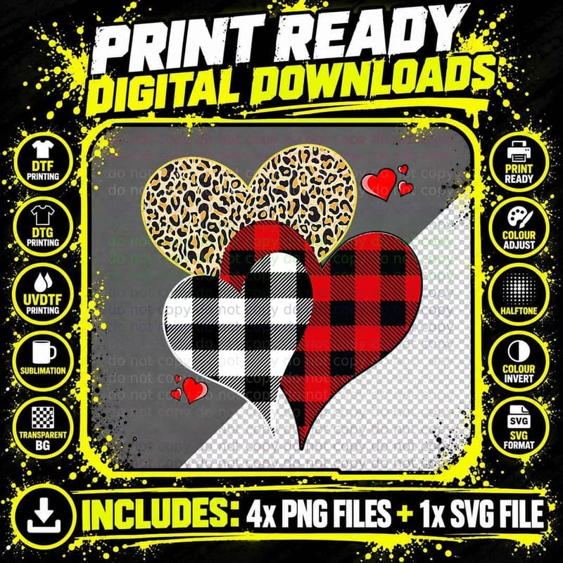 Hearts Leopard Plaid Buffalo Heart Valentines Day Girls Png SVG Digital Bundle