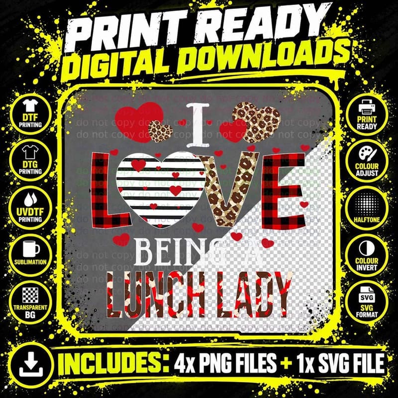 I Love Being a Lunch Lady Red Plaid Hearts Valentines Png SVG Digital Bundle