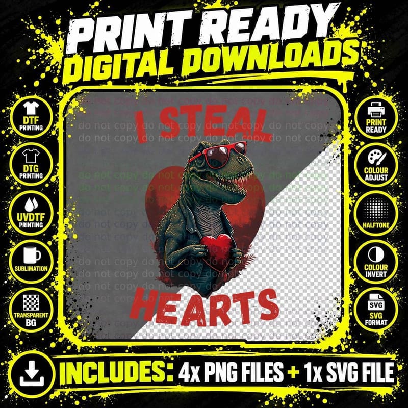 I Steal Hearts Trex Lovely Cute Baby Valentines Day Png SVG Digital Bundle