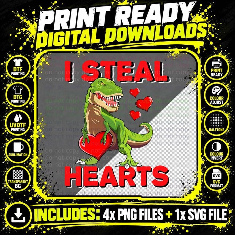 Kids I Steal Hearts Trex Dino Baby Boy Valentines Day Png SVG Digital Bundle