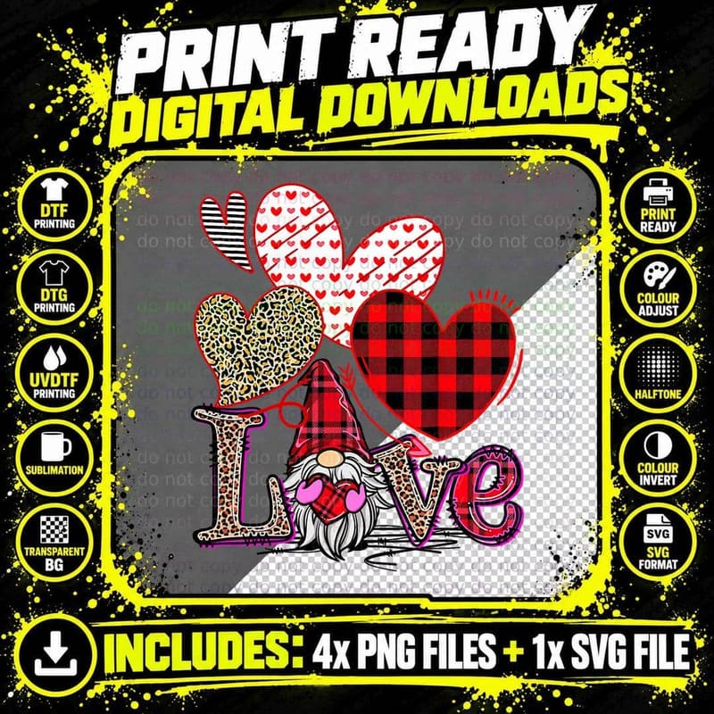 Love Gnome Valentines Day Red Buffalo Plaid Leopard Png SVG Digital Bundle