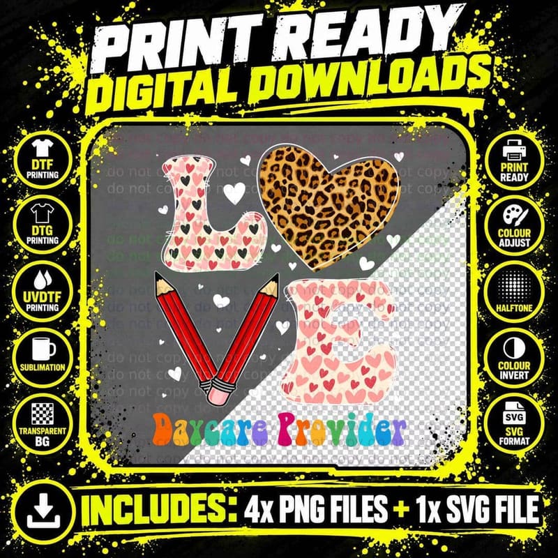 Love Heart Daycare Provider Leopard Plaid Red Valentines Png SVG Digital Bundle