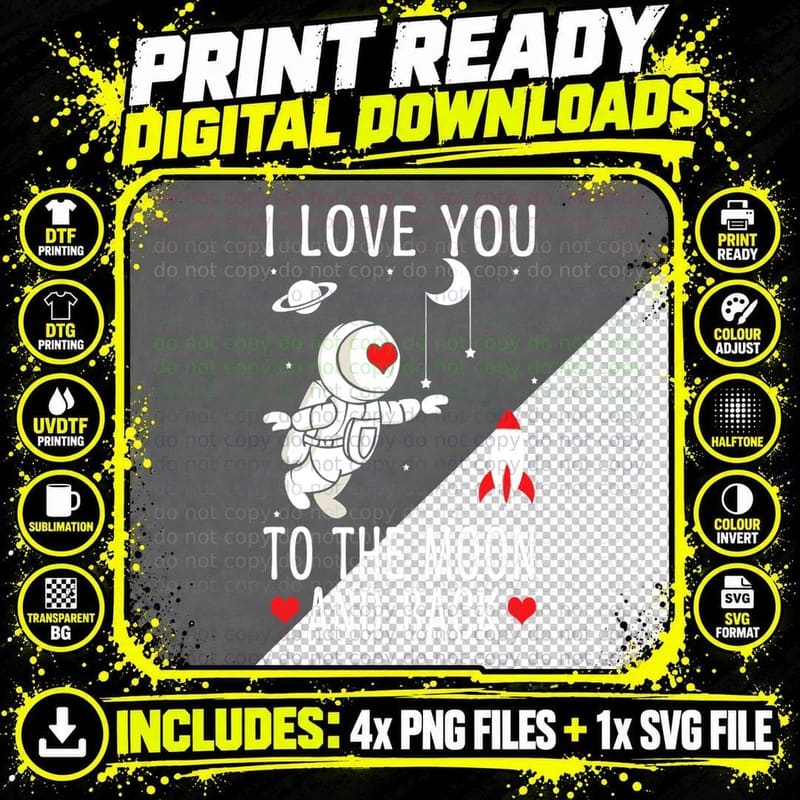 Love Moon and Back Space Astronaut Hearts Day Valentines Png SVG Digital Bundle
