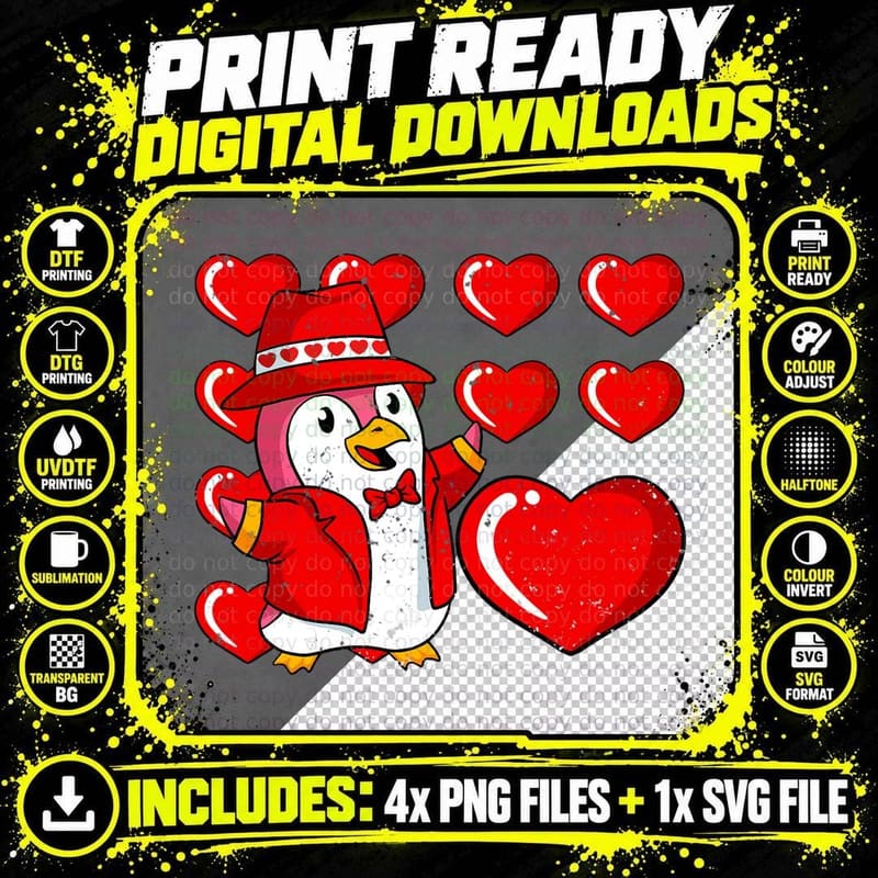 Penguin Hearts Valentines Day Cute Animal Love Wildlife Png SVG Digital Bundle