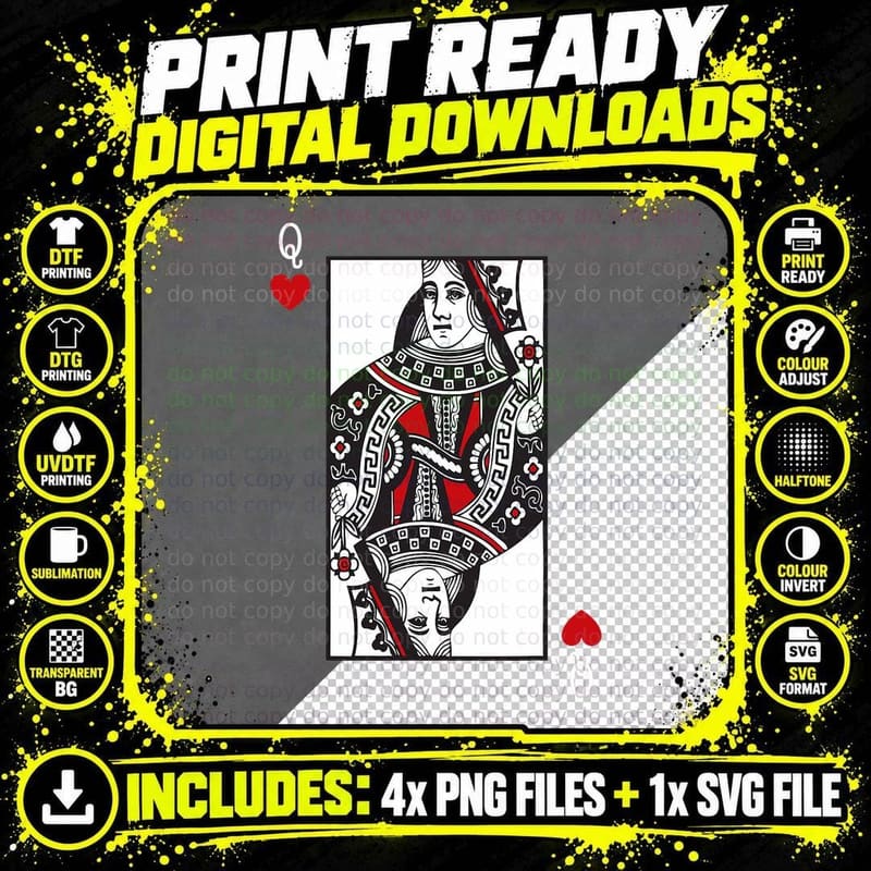 Queen of Hearts Valentines Day Cool Playing Card Poker Png SVG Digital Bundle