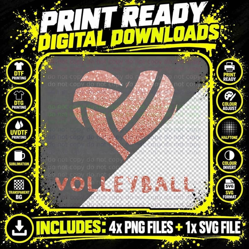 Rose Pink Ball Heart Volleyball Valentines Day Sport Png SVG Digital Bundle