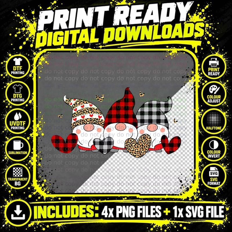 Three Gnomes Holding Hearts Valentines Day Red Buffalo Png SVG Digital Bundle