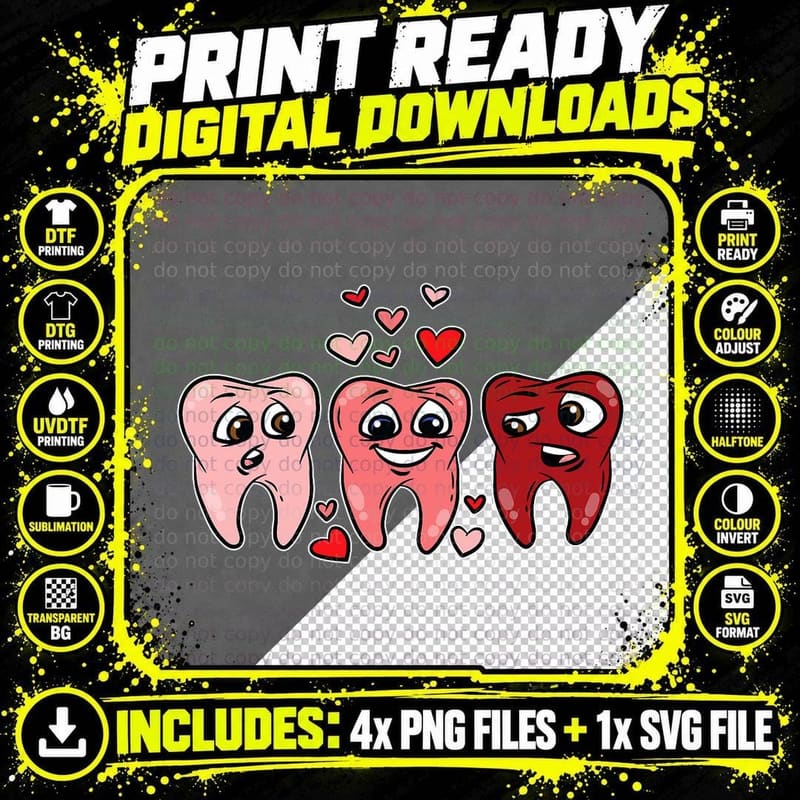 Tooth Heart Valentines Day Cute Dentist Dental Hygienist Png SVG Digital Bundle