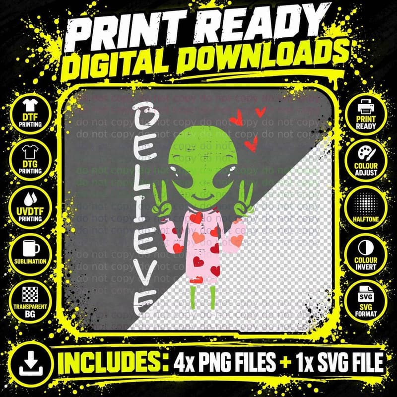 Valentines Day Alien Believe Peace Hand Space Men Women Png SVG Digital Bundle