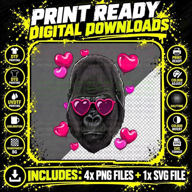 Valentines Day Gorilla Heart Love Couples Ape Monkey Png SVG Digital Bundle