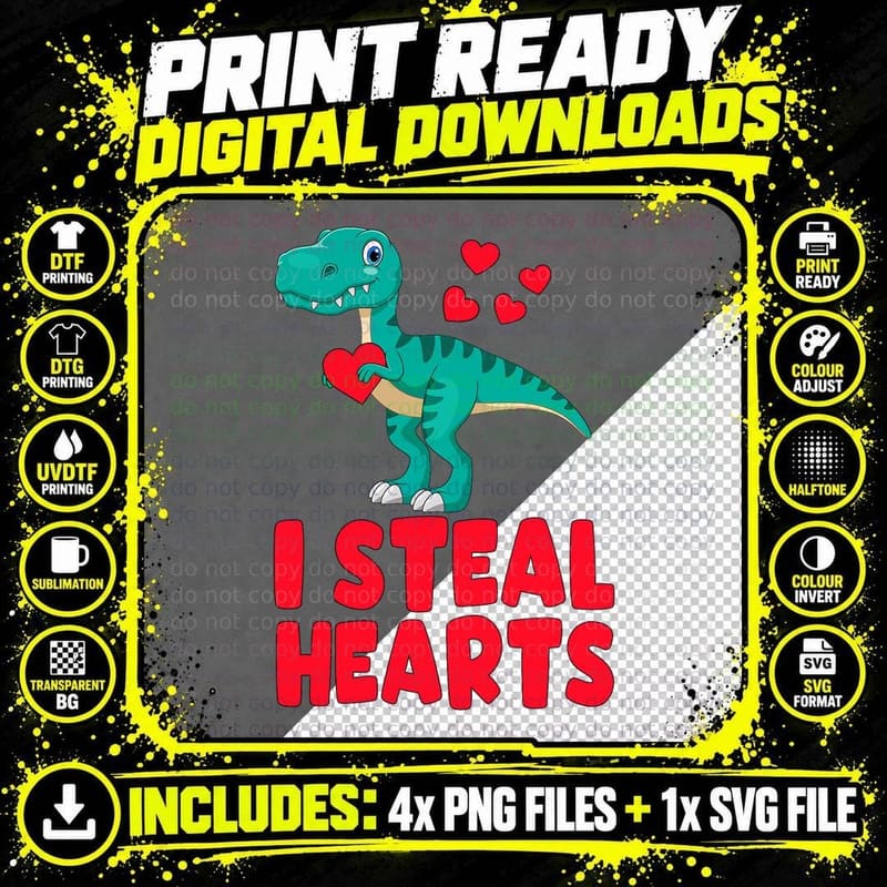 Valentines Day Kids Dino Valentines Boy I Steal Hearts Png SVG Digital Bundle