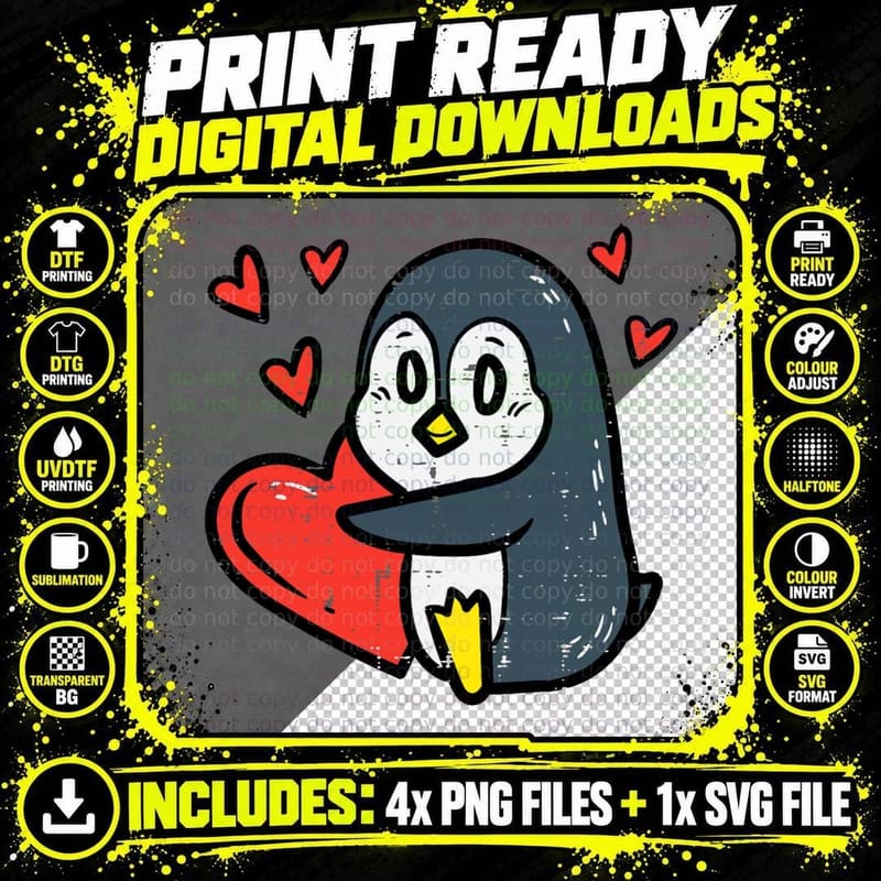 Valentines Day Penguin Heart Boys Girls Kids Toddlers Png SVG Digital Bundle