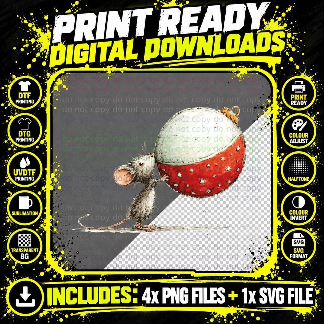 Adorable Christmas Mouse with Giant Red Bauble Cute Png SVG Digital Bundle