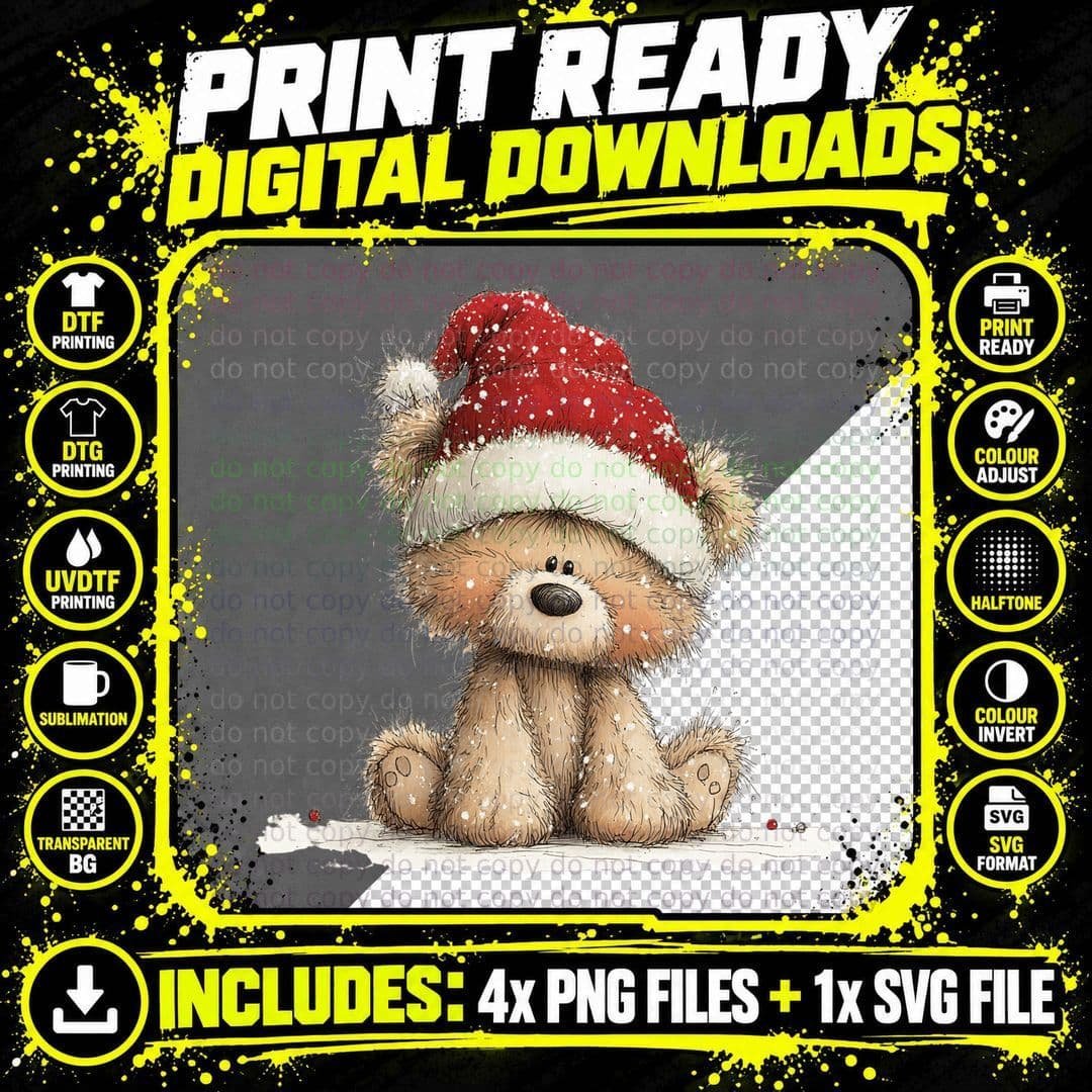 Adorable Fluffy Teddy Bear in Red Santa Hat Sitting in Png SVG Digital Bundle