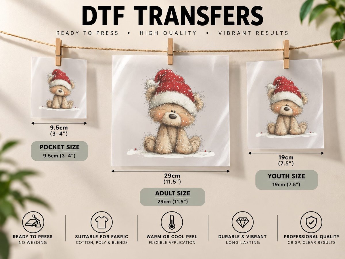 Adorable Fluffy Teddy Bear in Red Santa Hat Sitting in DTF Transfer Iron On
