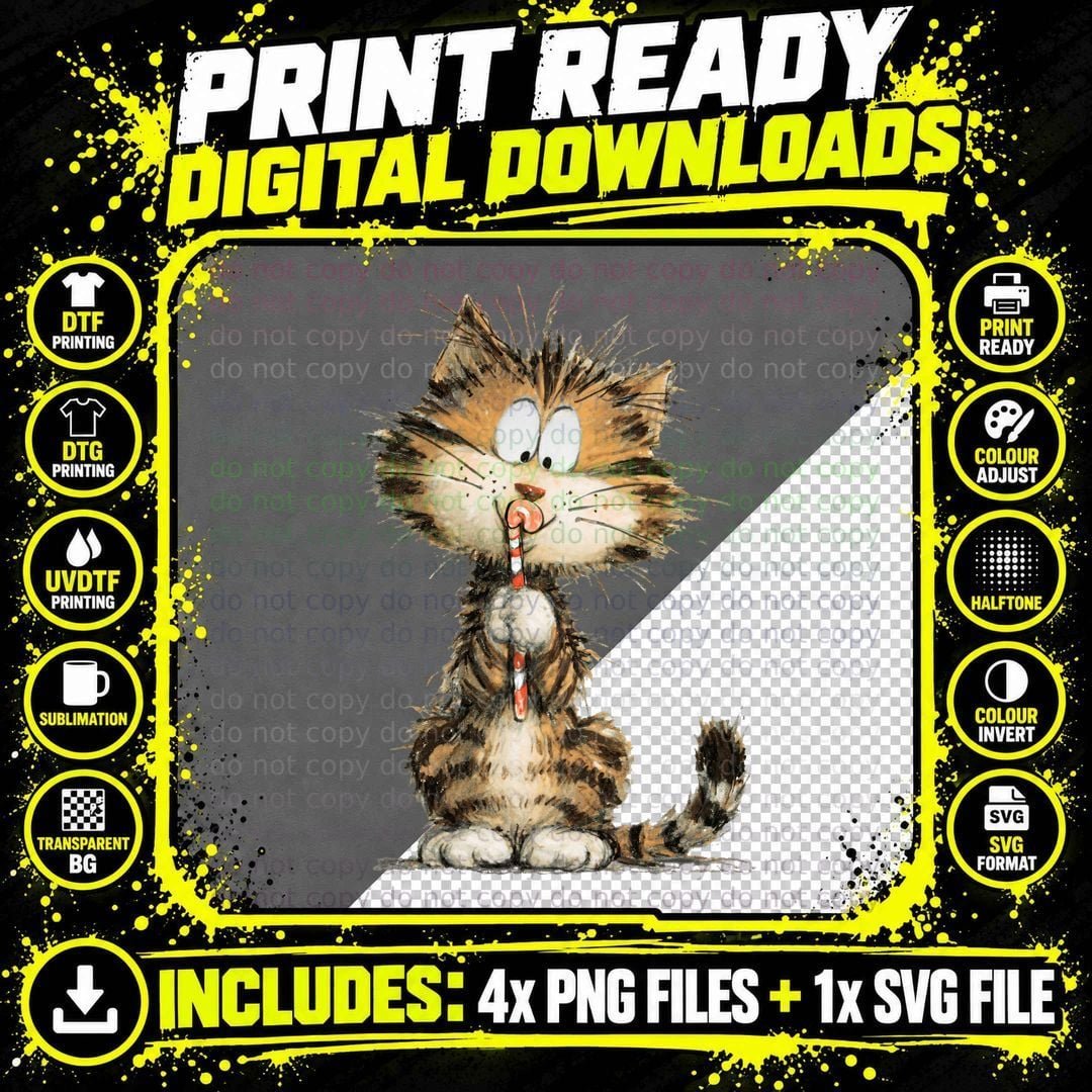 Adorable Kitten Sucking Candy Cane Cute Xmas Cat Lover Png SVG Digital Bundle
