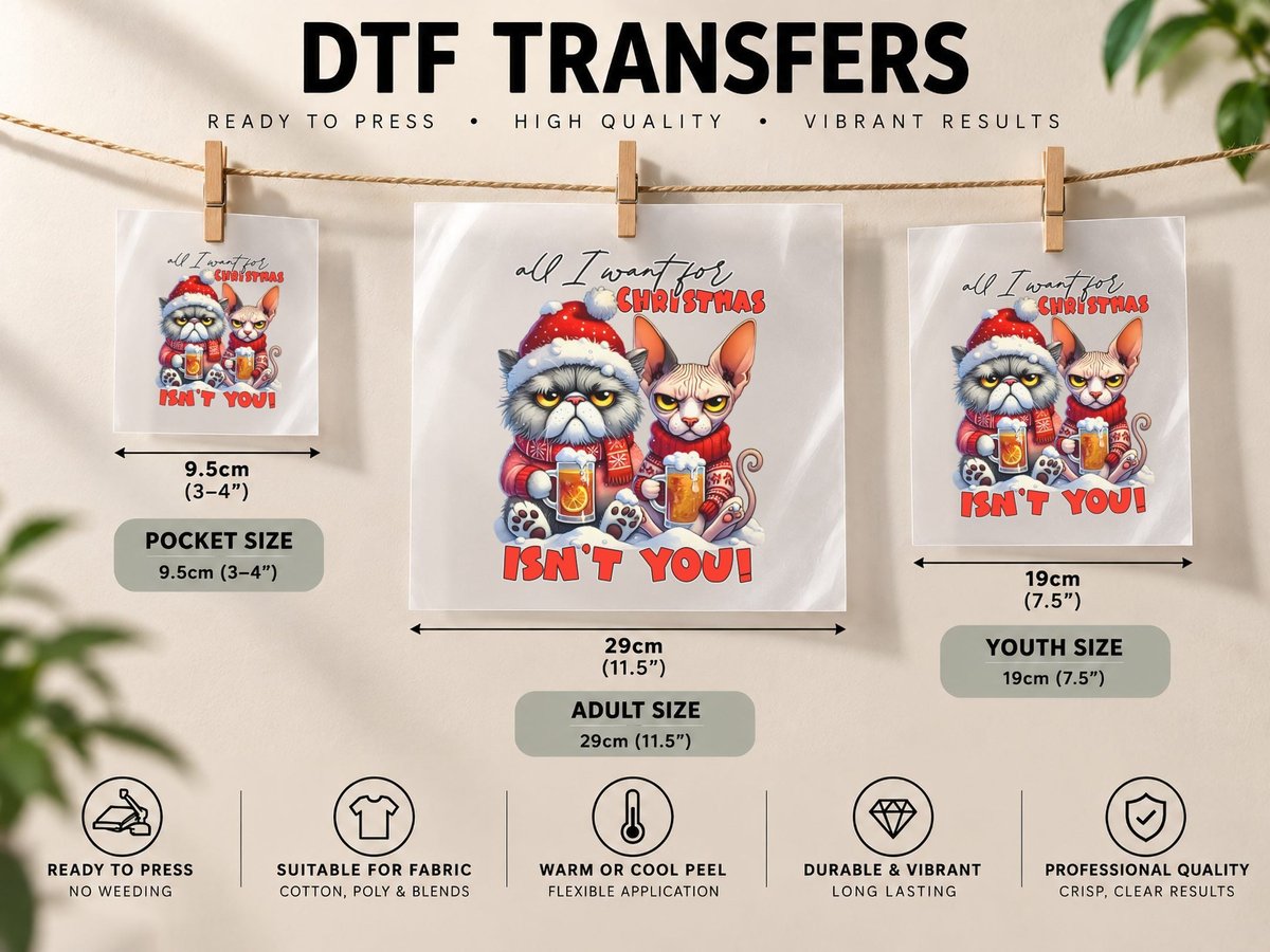 All I Want for Christmas Isn't You Grumpy Cats with Beer DTF Transfer Iron On