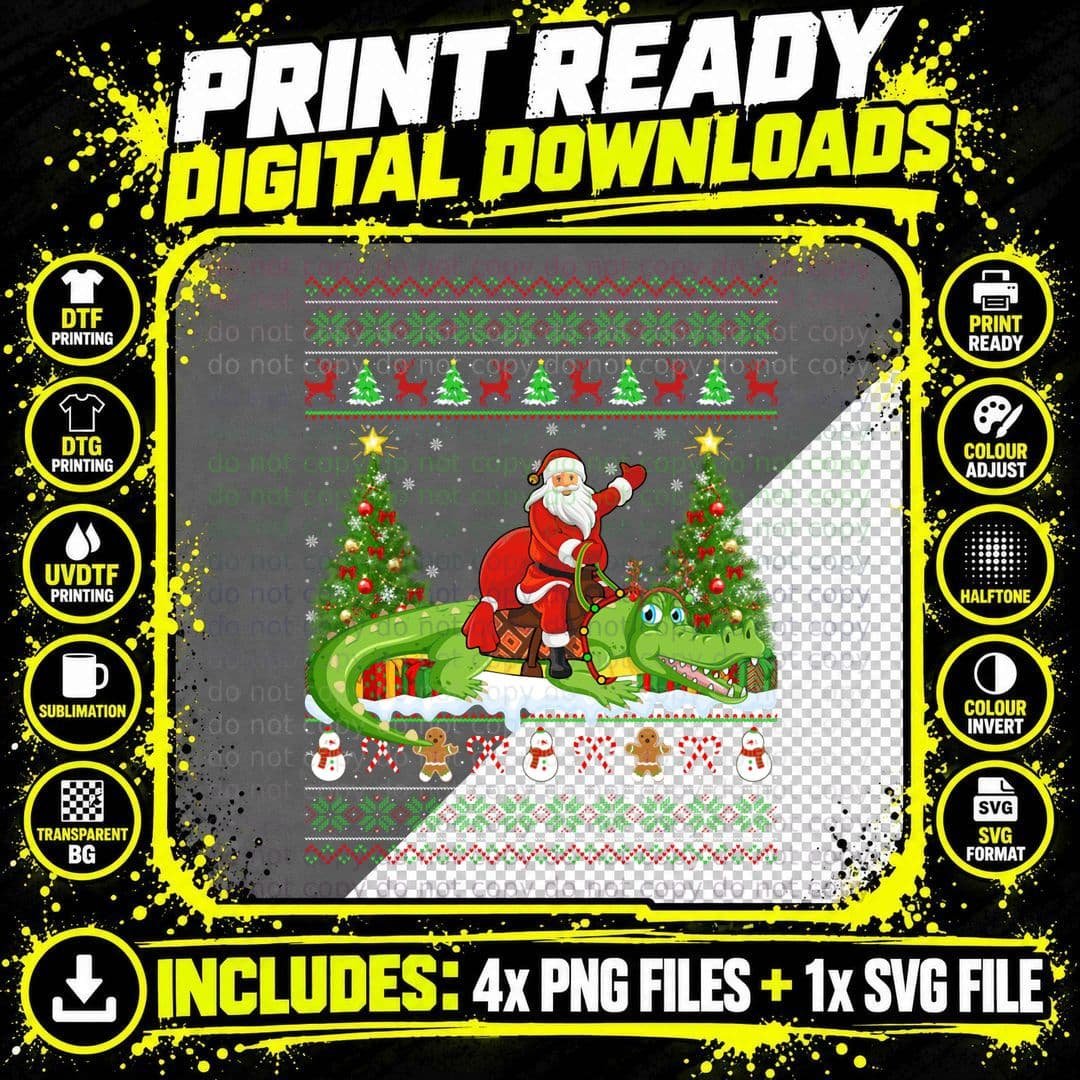 Alligator Xmas Sweater Ugly Santa Riding Alligator Png SVG Digital Bundle