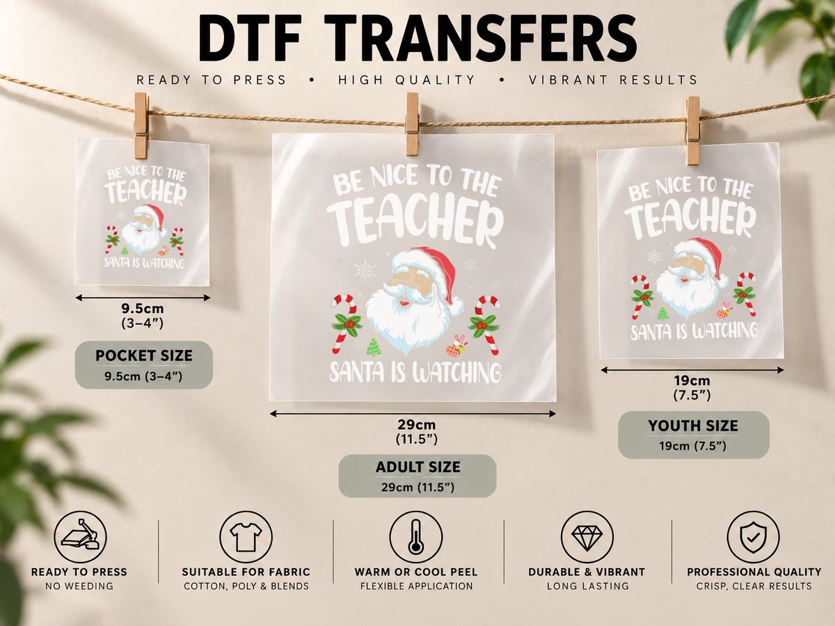 Be Nice to the Teacher Santa Is Watching Christmas DTF Transfer Iron On