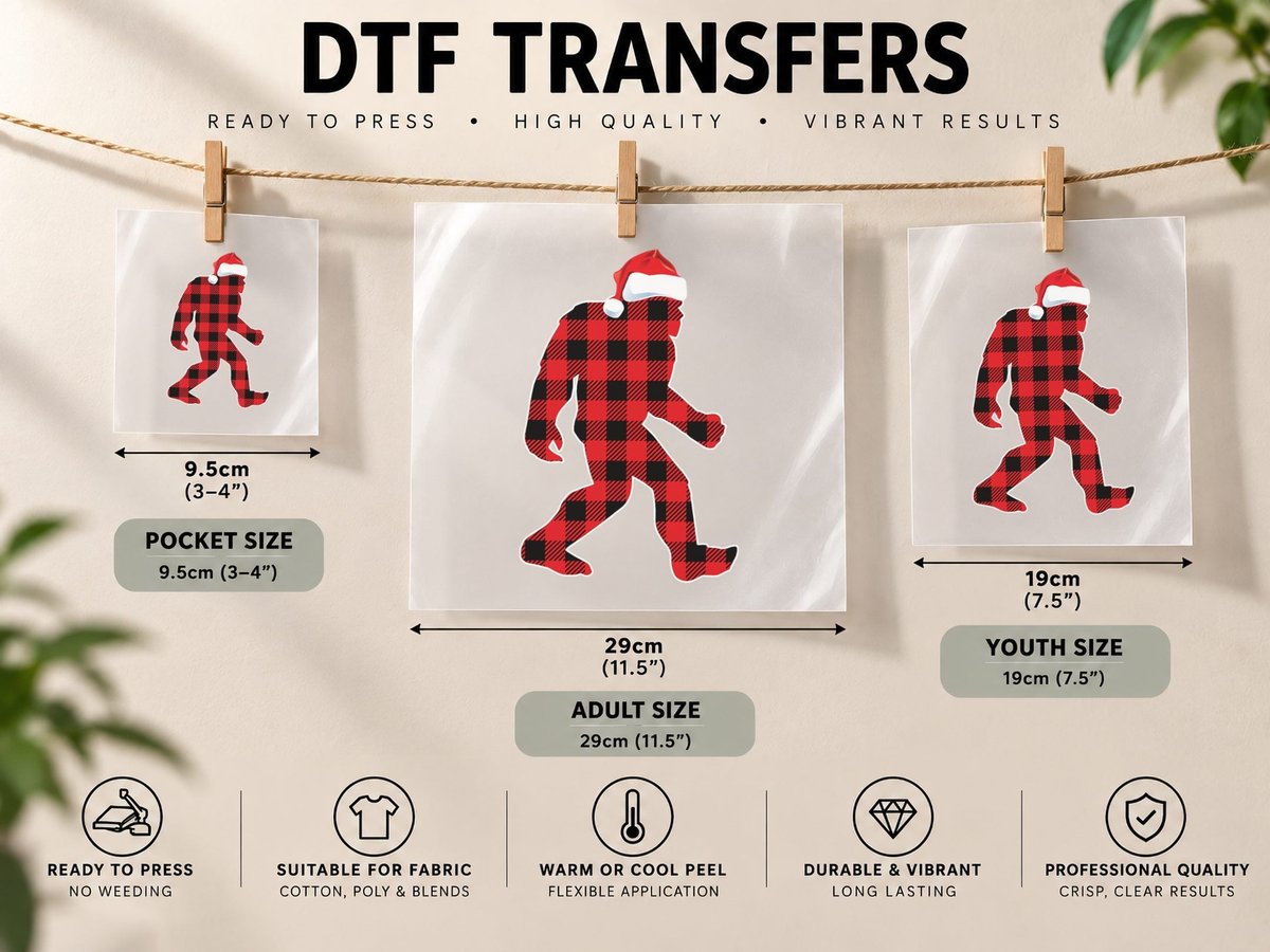 Believe Red Plaid Bigfoot Christmas Sasquatch Santa DTF Transfer Iron On