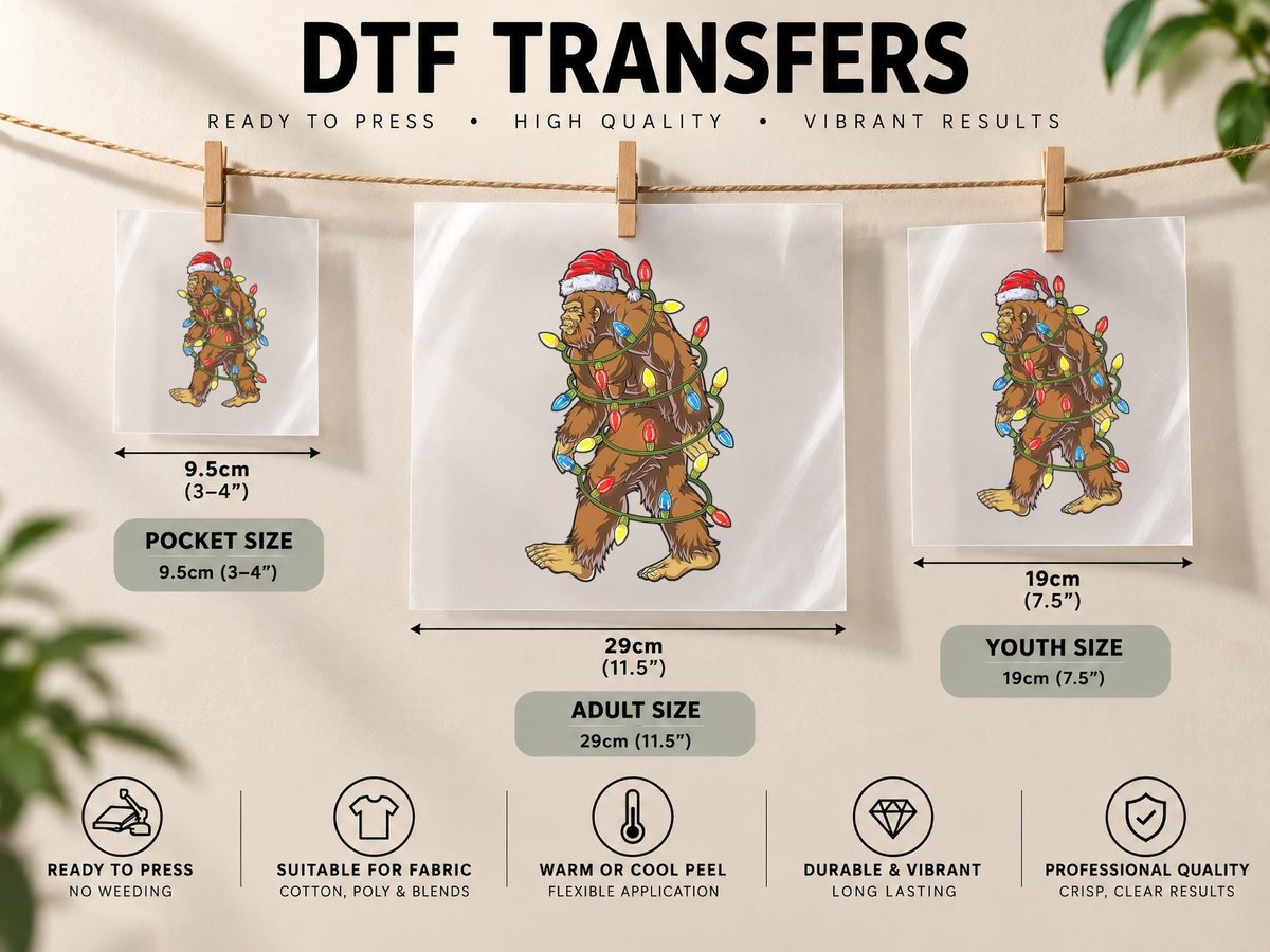 Bigfoot Santa Christmas Tree Lights Xmas Sasquatch DTF Transfer Iron On