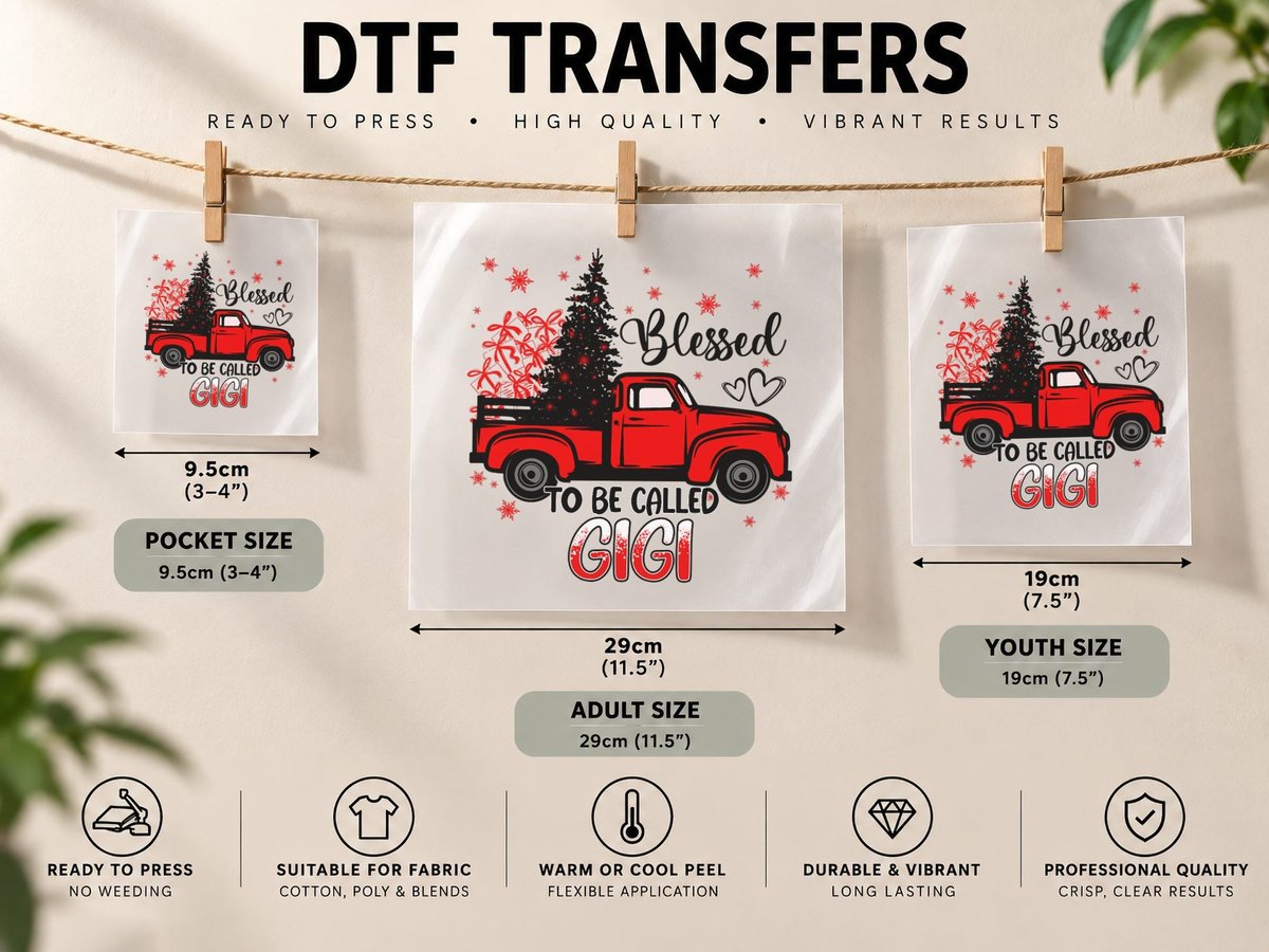 Blessed to Be Called Gigi Vintage Red Truck Christmas Tree DTF Transfer Iron On