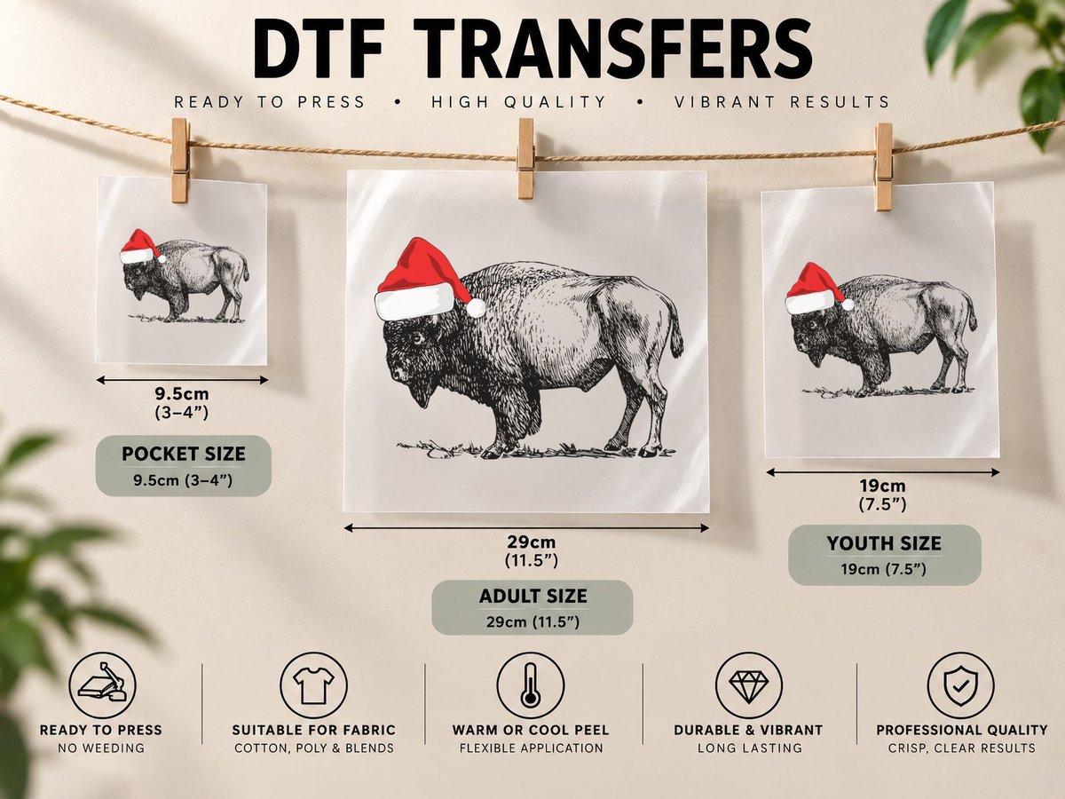 Buffalo Wearing a Santa Christmas Hat DTF Transfer Iron On