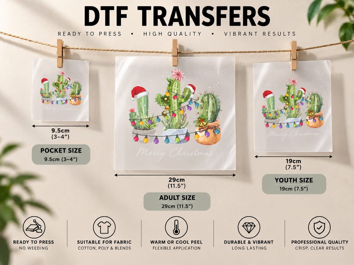 Cactus Christmas Xmas Trees Lights Santa Hat Cactus Lovers DTF Transfer Iron On