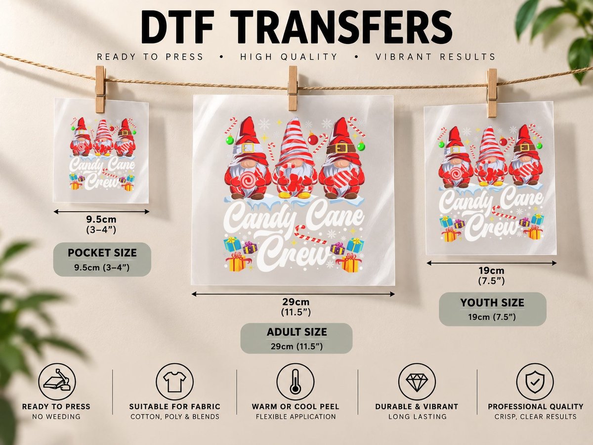 Candy Cane Crew Christmas Candy Lover Gnome Gift DTF Transfer Iron On