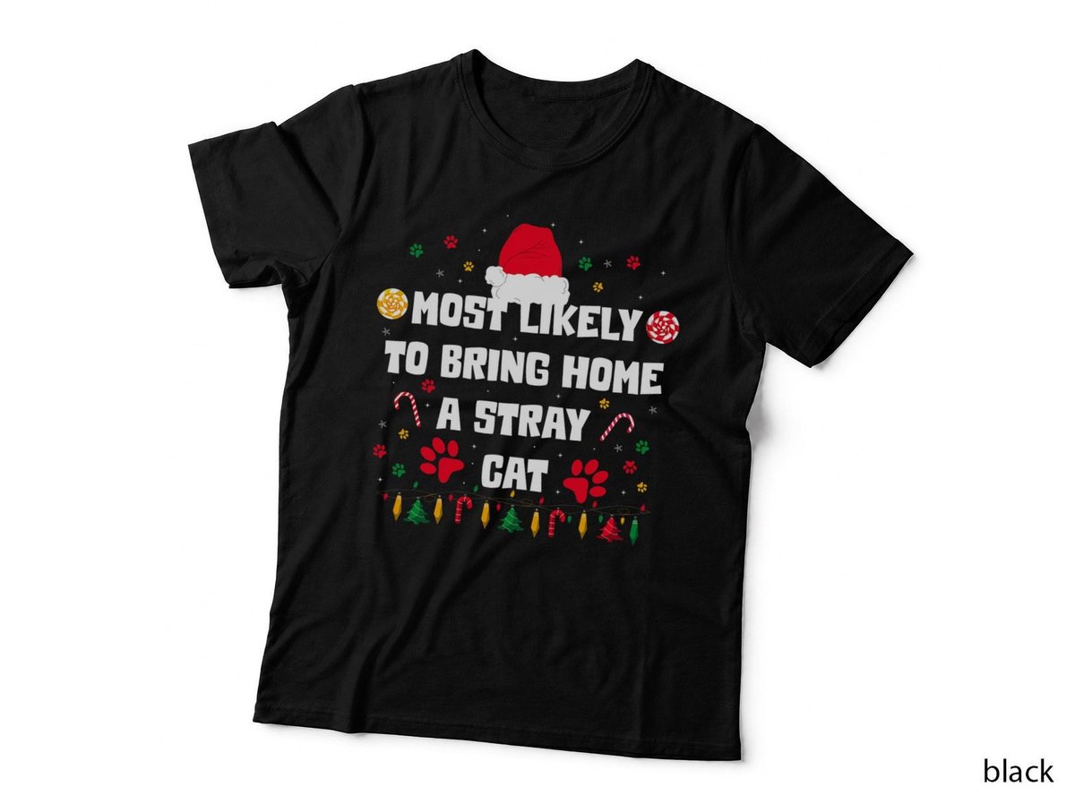 Cat Christmas Most Likely to Bring Home a Stray Cat Funny T-Shirt