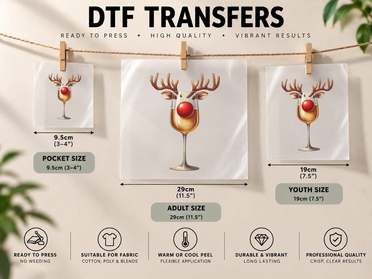 Champagne Flute as Rudolph the Reindeer Antlers Red Nose DTF Transfer Iron On