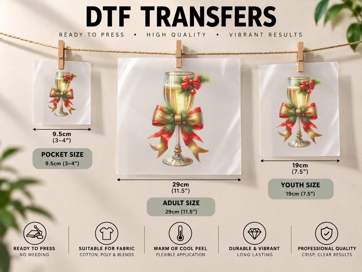 Champagne Flute with Glitter Bows Garland and Ornaments DTF Transfer Iron On