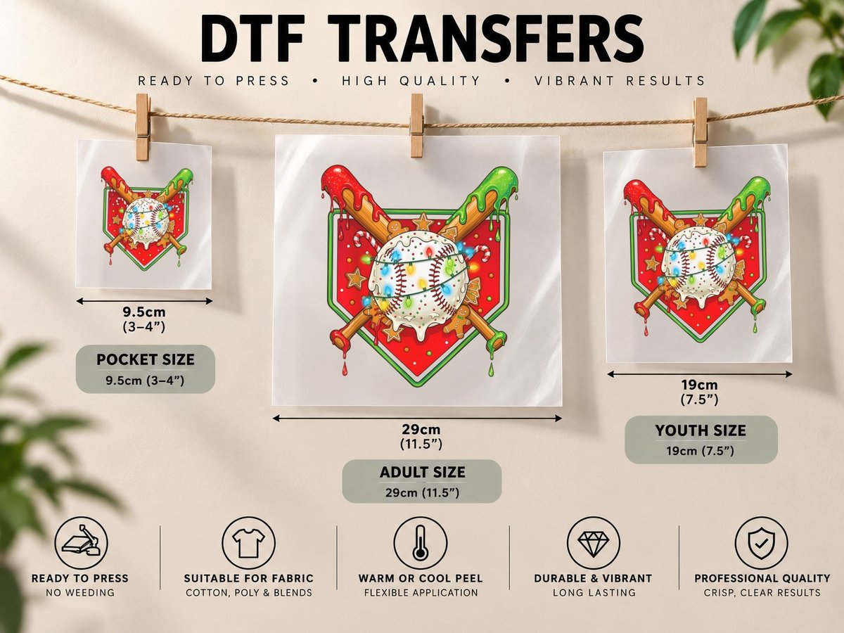 Christmas Baseball Bats Lights Drip Candy Cane Holiday DTF Transfer Iron On