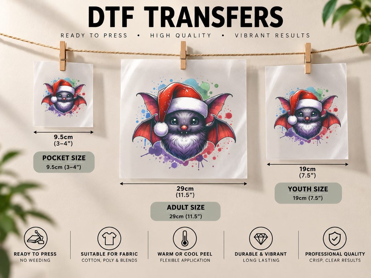 Christmas Bat Clipart, Snowflake Accent DTF Transfer Iron On
