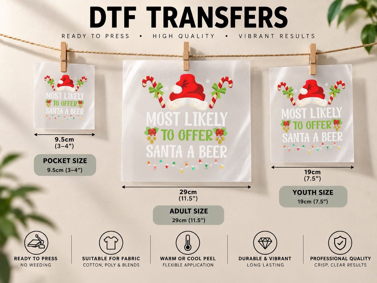 Christmas Beer Text, Most Likely to Offer Santa a Beer DTF Transfer Iron On