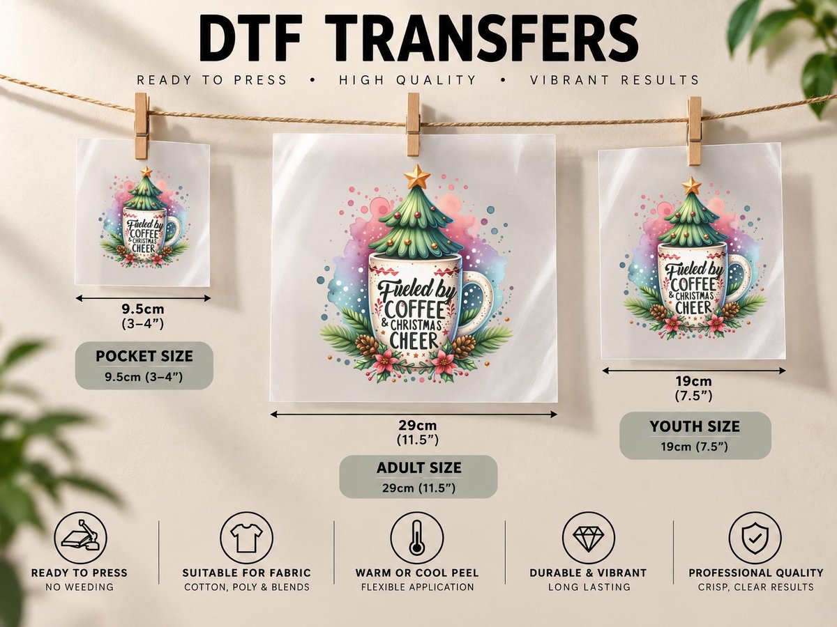 Christmas Fueled Coffee and, Warm Rustic, Soft Colors Cozy DTF Transfer Iron On