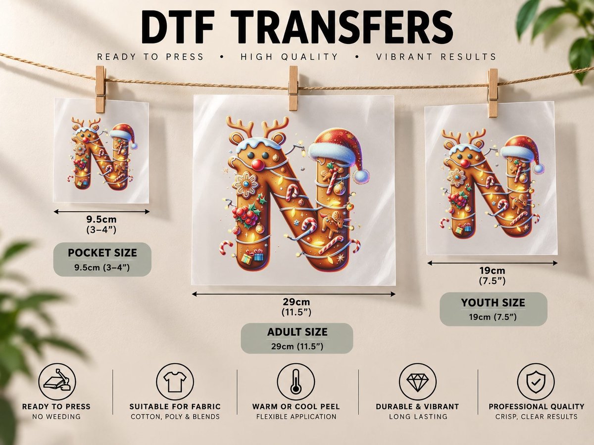 Christmas NAME, Letter N Gingerbread with Santa Hat and DTF Transfer Iron On