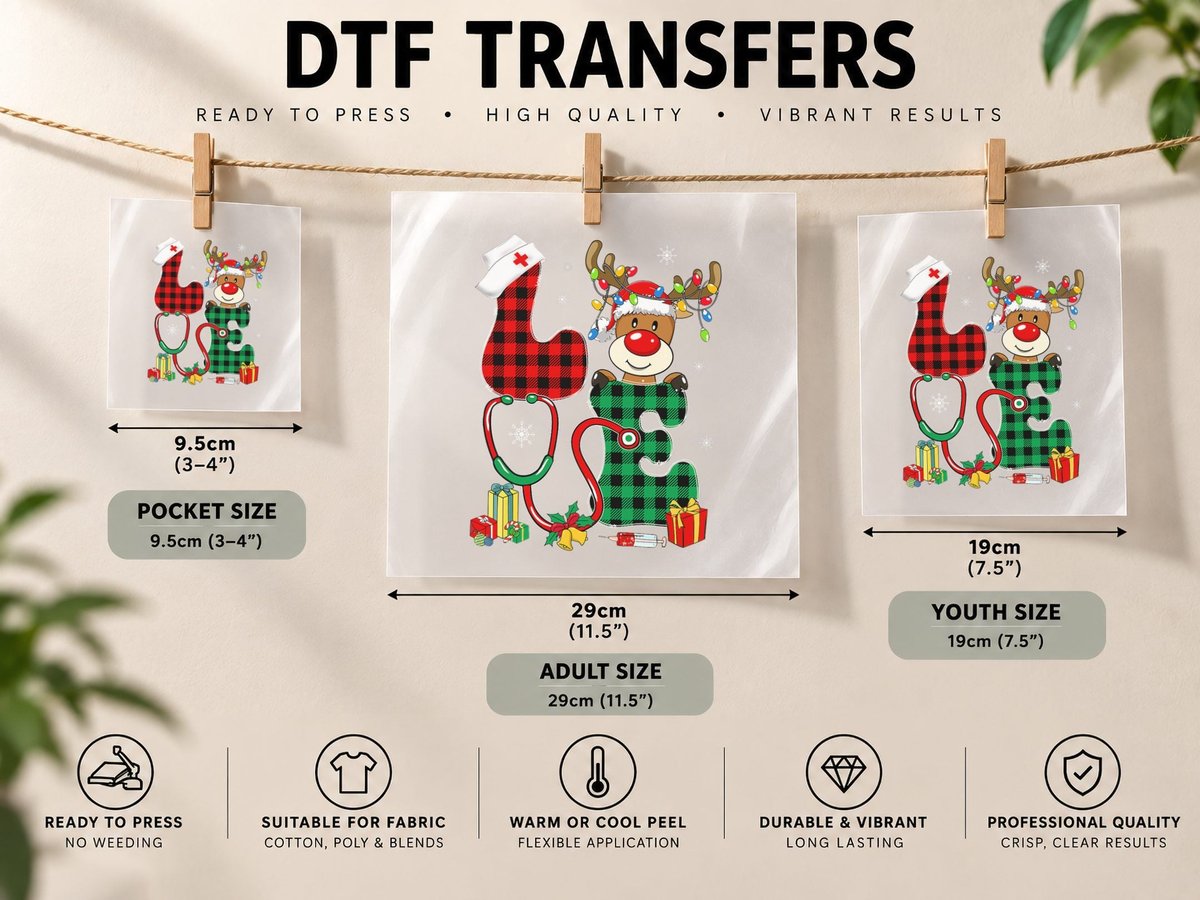 Christmas Nurse Love NICU RN ER Santa Reindeer Buffalo DTF Transfer Iron On