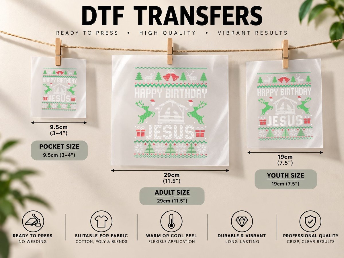 Christmas Outfit Happy Birthday Jesus Holiday Ugly DTF Transfer Iron On