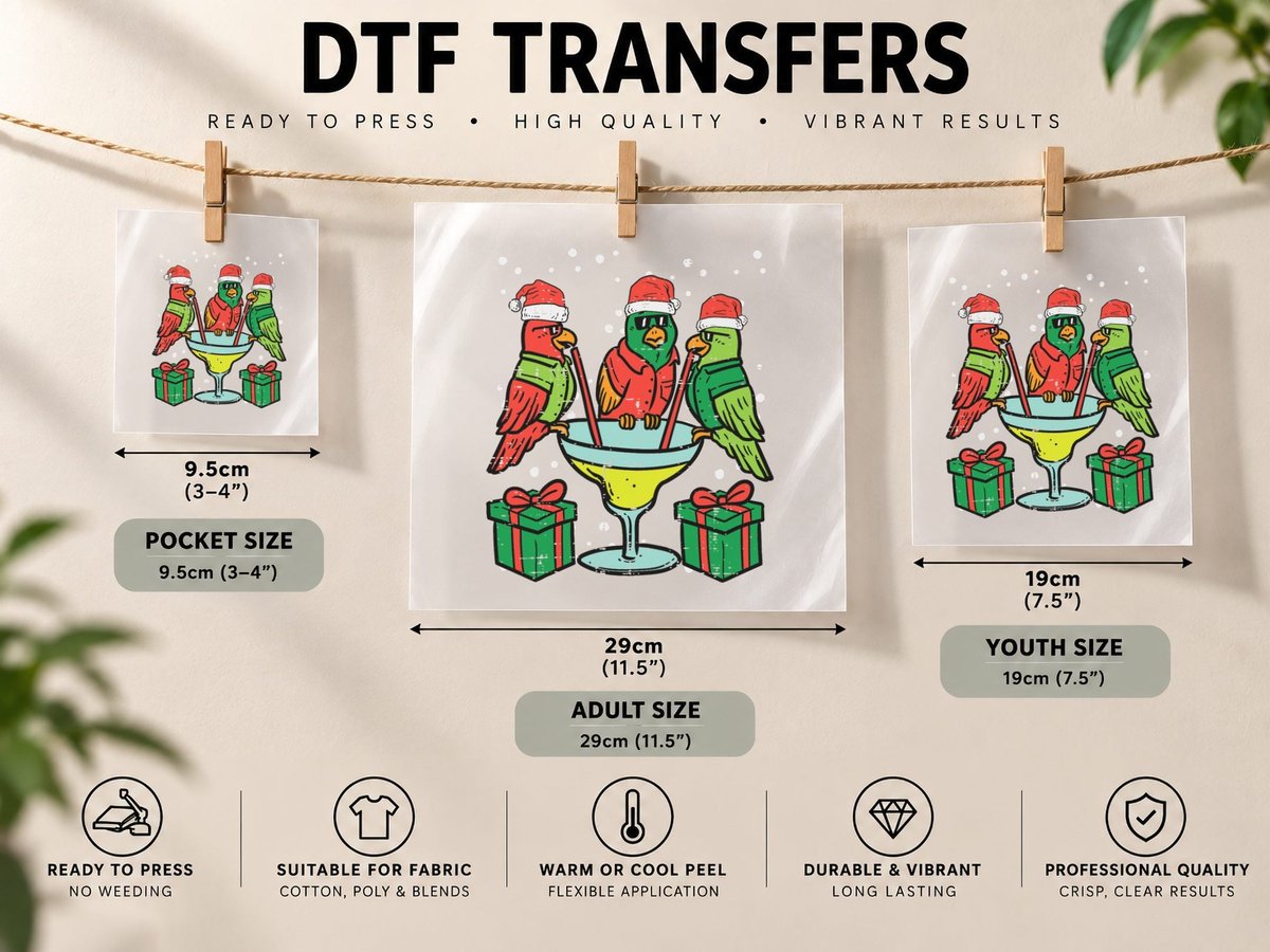 Christmas Parrots Santa Funny Xmas Bird Vacation Men Women DTF Transfer Iron On